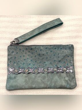 Leatherock Turquoise Embossed Genuine Leather Rhinestones Silver Clutch Smal Bag